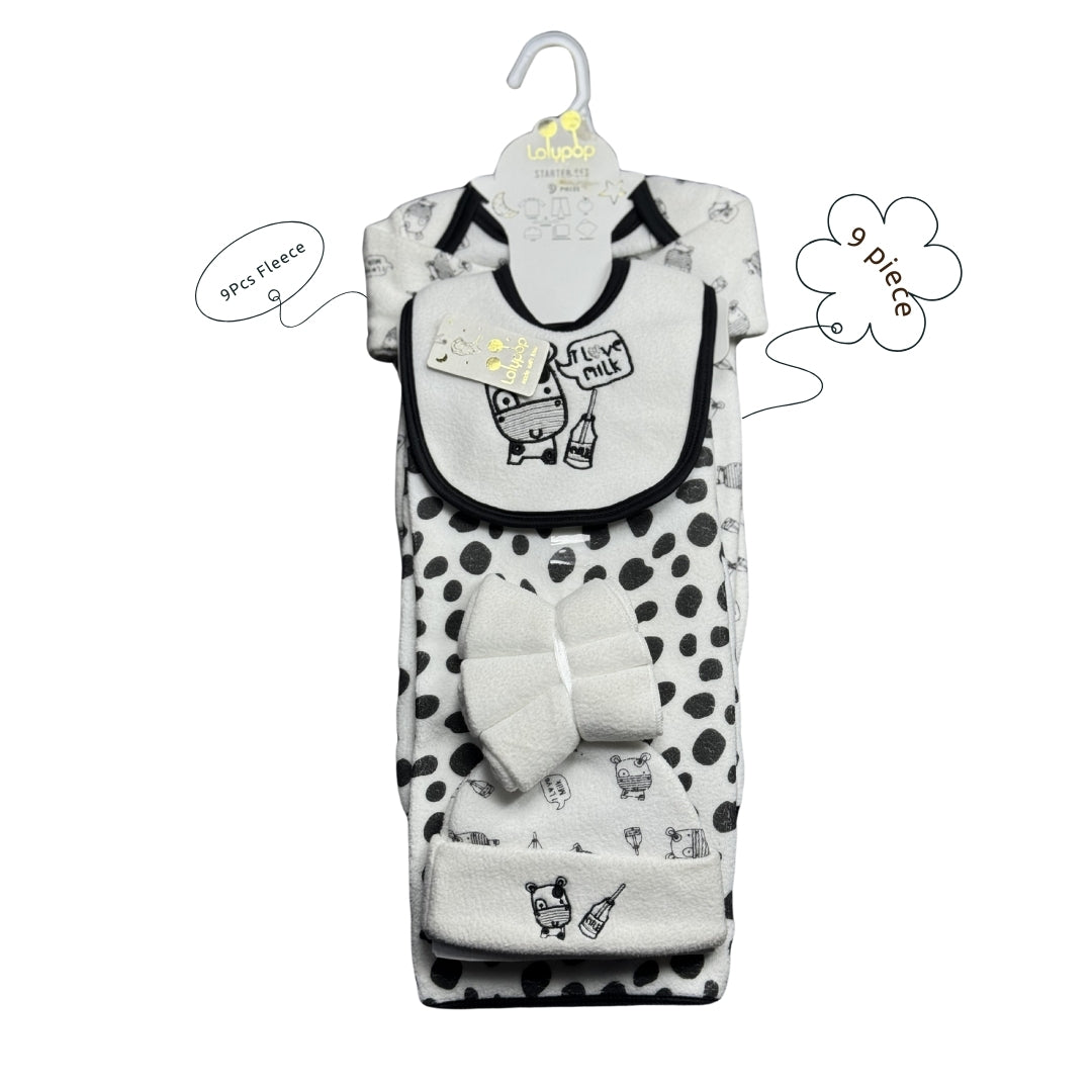 Newborn Baby 9Pcs Fleece Gift Set Black and white